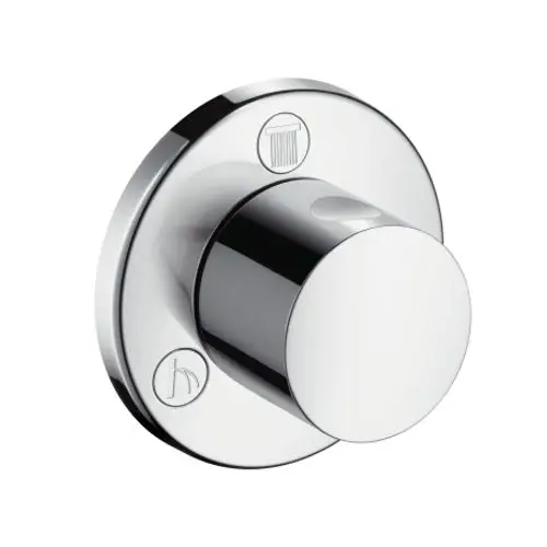 Chromfarbenes Ventil mit runder Knopfoberfläche und zwei Symbolen, hergestellt von Hansgrohe, zur Steuerung von Wasserabfluss und -umstellung.
